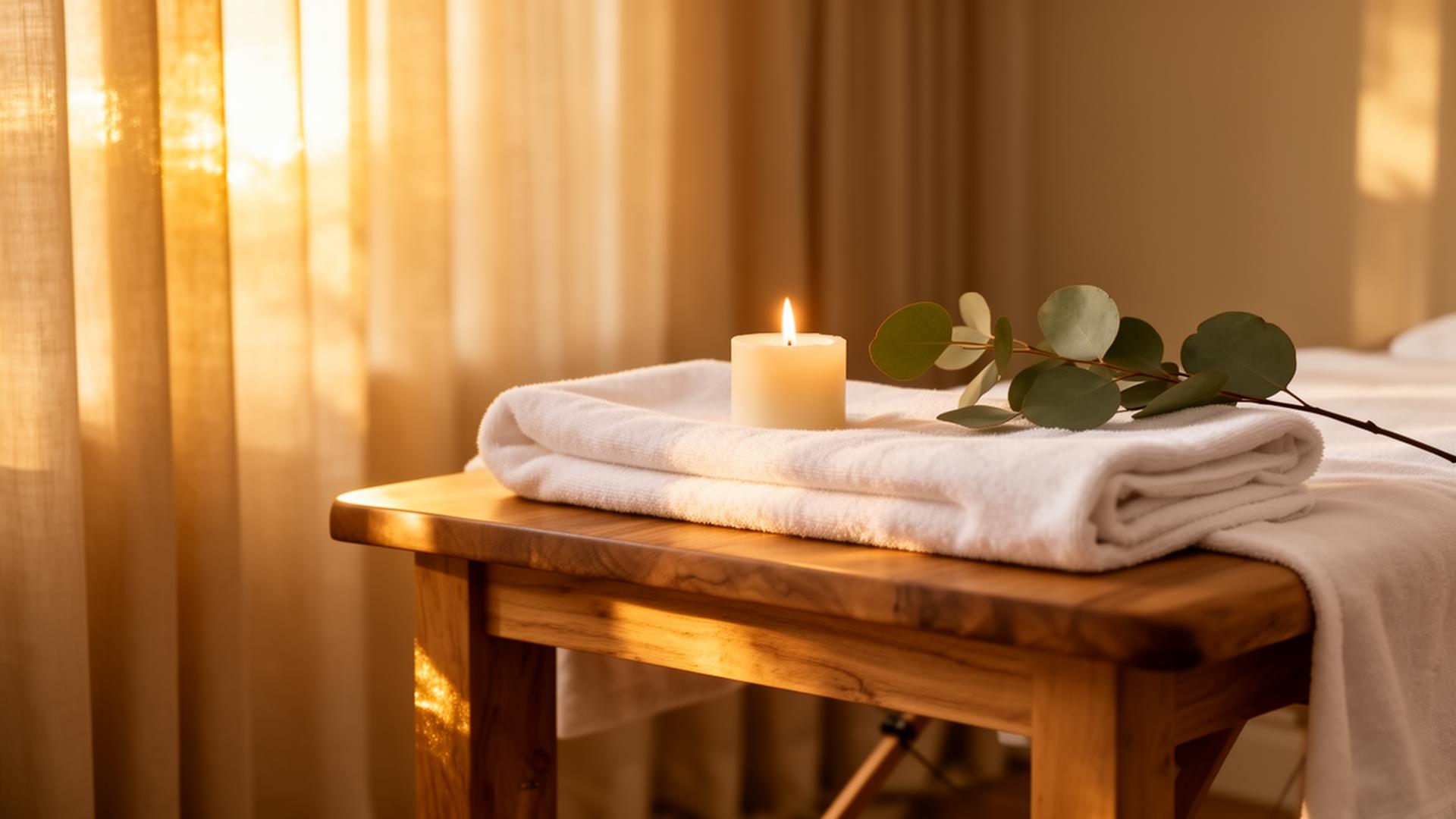Calm spa interior with linens and candle